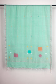 Green and Multi Colour Jamdani Dupatta with Golden Zari Linings and Border
