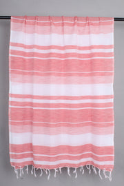 Handwoven Cotton White Stole with Brick Pink Striped