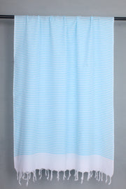 Handwoven Cotton White Stole with Sky Blue Striped