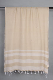 Handwoven Cotton Cream Stole with White Striped