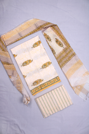 Cream, Yellow and Green Hand Printed Three Piece Suit Set