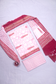 White, Red and Green Hand Printed Three Piece Suit Set