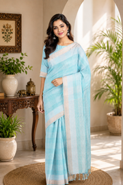 Sea Green Saree with Check and Goldan Zari Border