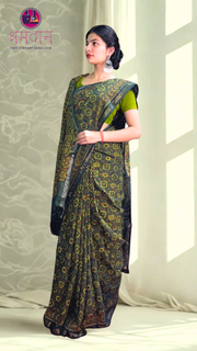 Handcrafted Green Ajrakh Cotton Saree with Elegant Zari Border – A Blend of Tradition and Grace