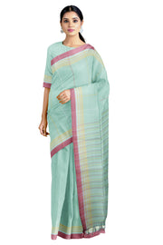 Green Saree with White,Majenta,Yellow Stripes and Majenta,White Border