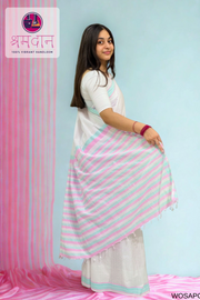 Pure Cotton Handloom Saree with Pastel Stripes - White, Pink & Blue
