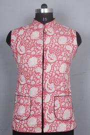 Red, Off White and Maroon Printed Reversible Women's Quilted Jacket