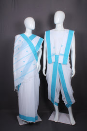 White Dobby Aahar Joda with Sea Blue Border and Butis