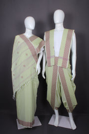 Light Green Dobby Aahar Joda with Brown Border and Butis REDDDDB220053+WOSADCB210145