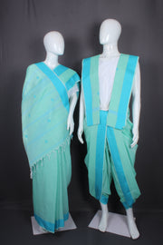 Green Dobby Aahar Joda with Sky Blue Border and Butis