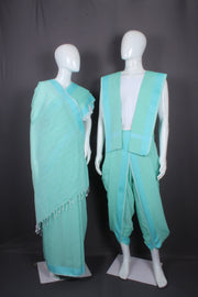 sea Green Dobby Aahar Joda with Sky Blue Border