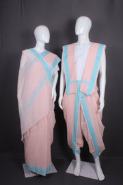 Baby Pink Dobby Aahar Joda with Sky Blue Border