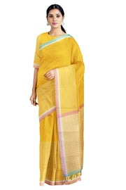 Canary Yellow Saree with White Bengal Stripes, Pink and Blue Border