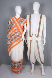 Off White Sanganeri Block Printed Aahar Joda with Orange and Brown Border WOSAPSSB0009 REDDPD0002