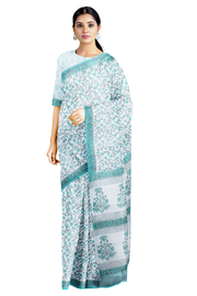 White and Sky Blue Sanganeri Hand Block Printed Saree
