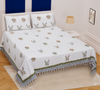 White, Green and Blue Hand Block Printed Double Bedsheet with Pillow Covers