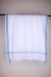 White Selfline Gamchha with Blue Border and Stripes