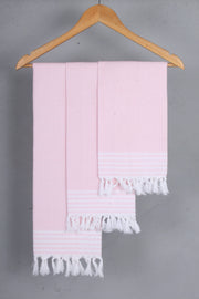 Soft Pink Handwoven Cotton Towel with Honeycomb Weave and Tassels