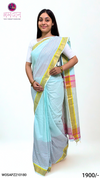 Sky Blue Saree with Rani Pink Stripeds and Goldan Zari Border