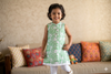 Green and White Printed Sleeveless Girls Frok