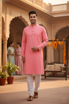 Punch Pink Full Sleeves Long Kurta with Self Striped