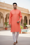 Coral Peach Full Sleeves Long Kurta with Self Striped