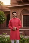 Red Full Sleeves Long Kurta with Self Striped