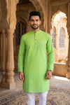 Green and Yellow Shade Full Sleeves Long Kurta with Self Striped