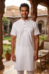 White Self Striped Half Sleeves Long Kurta