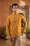 Men's Mustard Yellow Cotton Short Kurta with Minimalist Geometric Butis