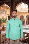 Men's Mint Green Cotton Short Kurta with Delicate Polka Dot Butis
