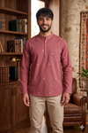 Men's Marsala Red Cotton Short Kurta with Ikat-Inspired Diamond Butis