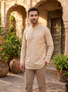Men's Beige Full Sleeves Solid Short Kurta with Patch Pocket