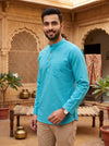 Men's Sky Blue Full Sleeves Casual Short Kurta with Pocket