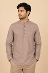 Brownish Grey Solid Cotton Mandarin Collar Short Kurta
