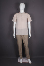 Light Beige Striped Men's Handwoven 100% Cotton Half-Sleeve Short Kurta