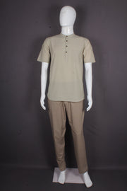 Solid Light Beige Men's Handwoven 100% Cotton Half-Sleeve Short Kurta