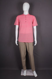 Vibrant Coral Pink Men's Handwoven 100% Cotton Half-Sleeve Short Kurta