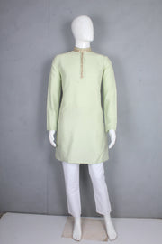 Men's Tea Green Twill Weave Zardozi Hand Embroidered Festive Long Kurta