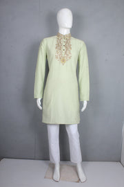 Men's Tea Green Twill Weave Zardozi Hand Embroidered Festive Long Kurta