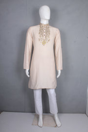 Men's Peach Twill Weave Zardozi Hand Embroidered Festive Long Kurta