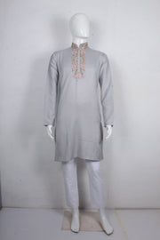 Men's Pencil Grey Twill Weave Zardozi Hand Embroidered Festive Long Kurta