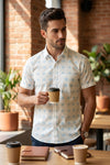 Off White and Sky Blue Round Lining Patterned Hand Block Printed Half Shirt