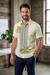 Honey Dew, Dark Grey, Yellow and Red Hand Block Printed Half Shirt