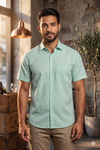 Men's Cotton Emerald Green Half Sleeve Shirt with Self Striped