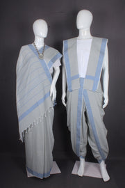 Slety Grey Aahar Joda with Blue Stripes Border