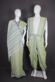 Lime Green Aahar Joda with Blue Stripes Border