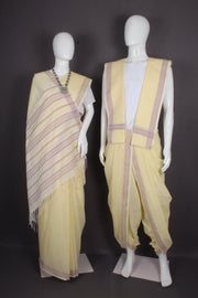 Traditional Handloom Cotton Saree and Dhoti Dupatta Set with Dobby