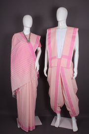 Traditional Handloom Joda Set in Peach with Magenta Pink Dobby Border