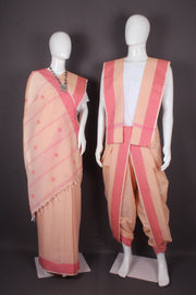 Traditional Handloom Joda Set in Delicate Peach with Dobby and Booti Work